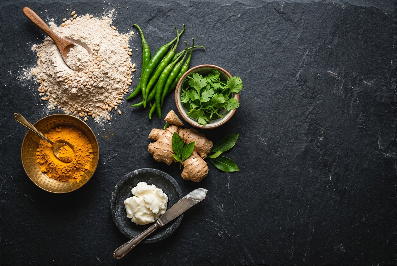 Pure ingredients flatlay: whole wheat flour, fresh green chillies, ginger, spices and desi butter