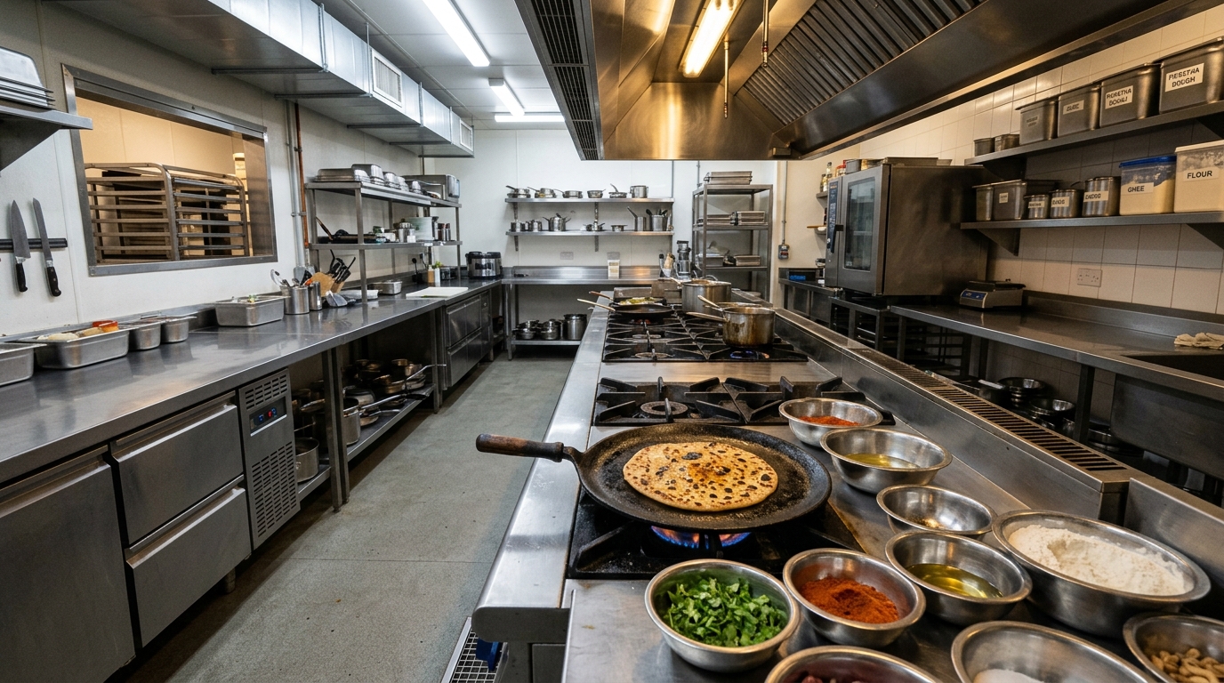 Live cloud kitchen camera feed showing the chef rolling whole wheat parathas