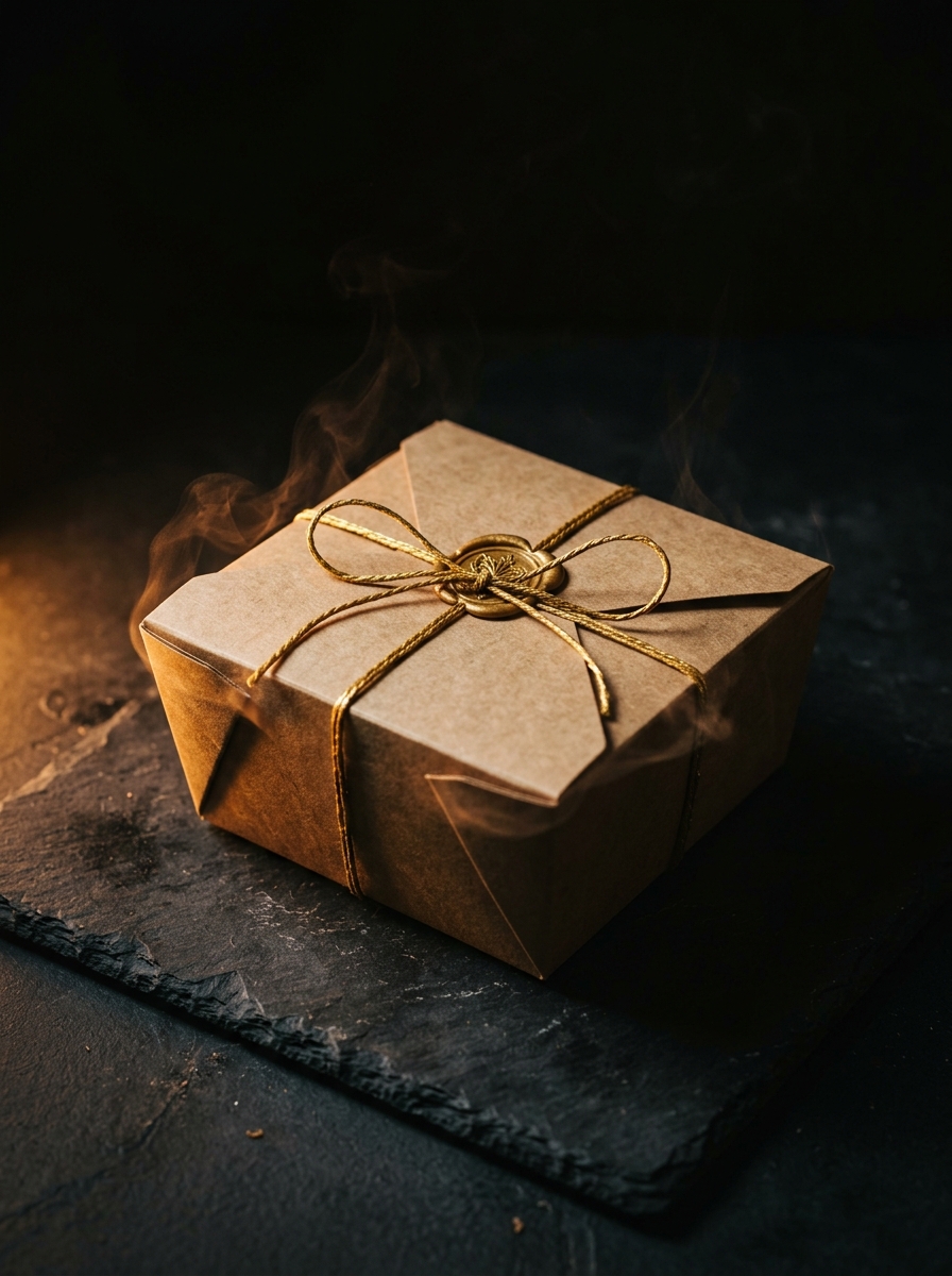 Kraft paper mystery gift food parcel sealed with golden wax and question mark seal