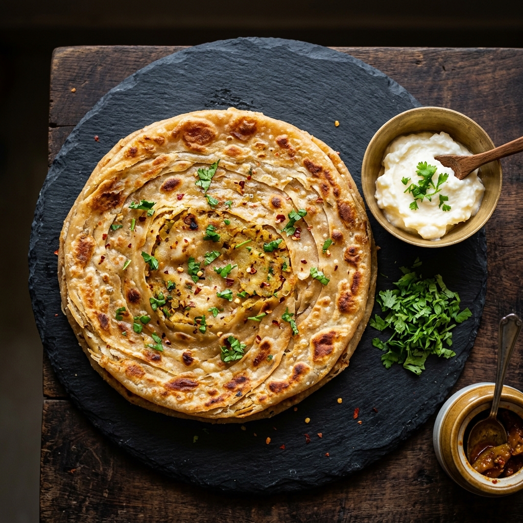Amritsari Aloo Paratha with white butter and fresh coriander